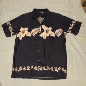 Palmwave Hawaii Mens Navy Blue Hibiscus Floral Cotton Aloha Camp Shirt XL
